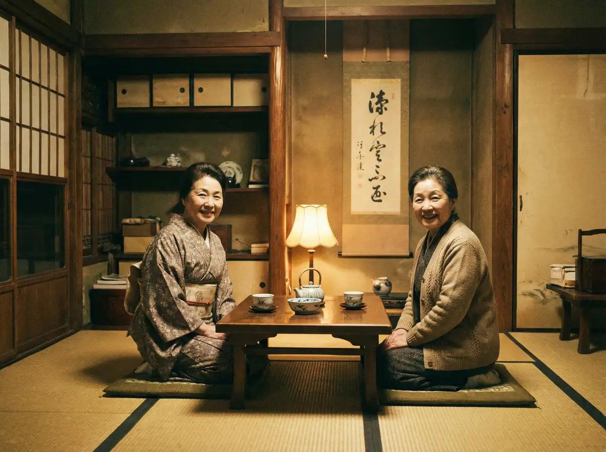 两位优雅的 后妈裙 在日式茶室中品茶交谈